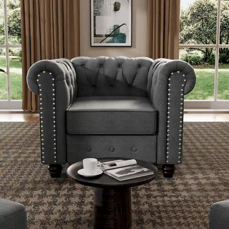 Ensemble Chesterfield Morden Fort 3 pièces avec boutons, comprenant fauteuil, causeuse et canapé, pour salon, lin, pieds en bois massif.