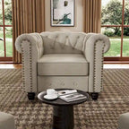 Ensemble Chesterfield Morden Fort 3 pièces avec boutons, comprenant fauteuil, causeuse et canapé, pour salon, lin, pieds en bois massif.