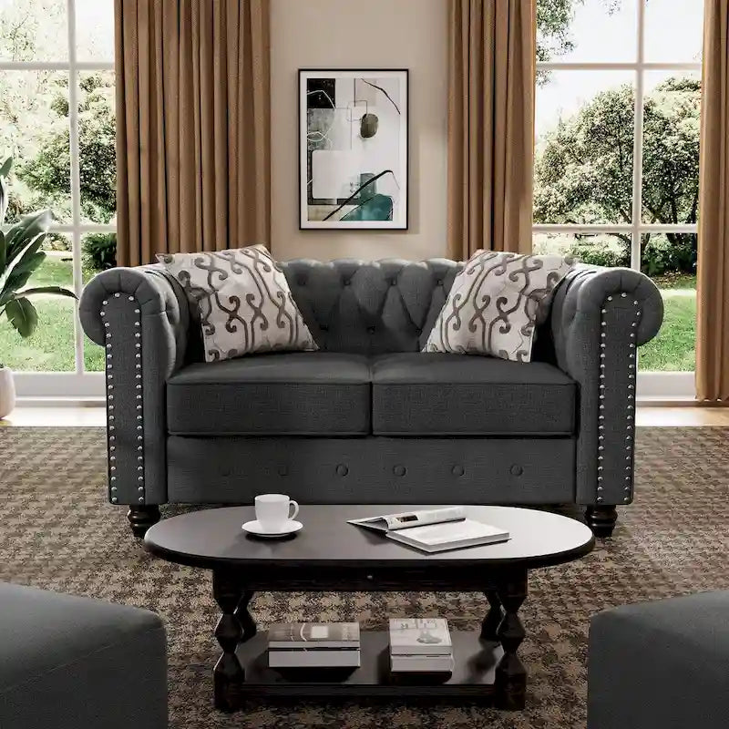 Ensemble Chesterfield Morden Fort 3 pièces avec boutons, comprenant fauteuil, causeuse et canapé, pour salon, lin, pieds en bois massif.