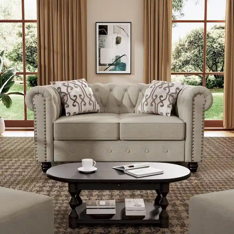 Ensemble Chesterfield Morden Fort 3 pièces avec boutons, comprenant fauteuil, causeuse et canapé, pour salon, lin, pieds en bois massif.