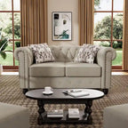 Ensemble Chesterfield Morden Fort 3 pièces avec boutons, comprenant fauteuil, causeuse et canapé, pour salon, lin, pieds en bois massif.