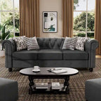 Ensemble Chesterfield Morden Fort 3 pièces avec boutons, comprenant fauteuil, causeuse et canapé, pour salon, lin, pieds en bois massif.