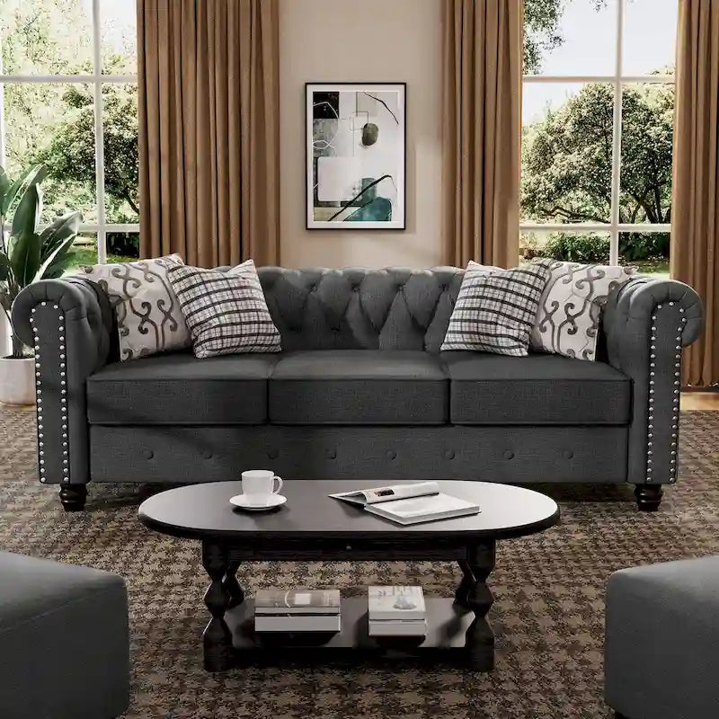 Ensemble Chesterfield Morden Fort 3 pièces avec boutons, comprenant fauteuil, causeuse et canapé, pour salon, lin, pieds en bois massif.