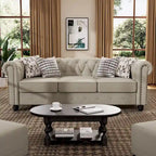 Ensemble Chesterfield Morden Fort 3 pièces avec boutons, comprenant fauteuil, causeuse et canapé, pour salon, lin, pieds en bois massif.