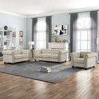 Ensemble Chesterfield Morden Fort 3 pièces avec boutons, comprenant fauteuil, causeuse et canapé, pour salon, lin, pieds en bois massif.
