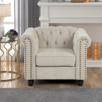 Ensemble Chesterfield Morden Fort 3 pièces avec boutons, comprenant fauteuil, causeuse et canapé, pour salon, lin, pieds en bois massif.