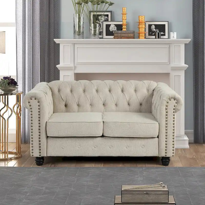 Ensemble Chesterfield Morden Fort 3 pièces avec boutons, comprenant fauteuil, causeuse et canapé, pour salon, lin, pieds en bois massif.