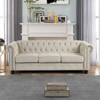 Ensemble Chesterfield Morden Fort 3 pièces avec boutons, comprenant fauteuil, causeuse et canapé, pour salon, lin, pieds en bois massif.