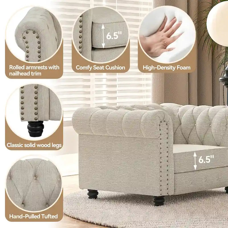 Ensemble Chesterfield Morden Fort 3 pièces avec boutons, comprenant fauteuil, causeuse et canapé, pour salon, lin, pieds en bois massif.