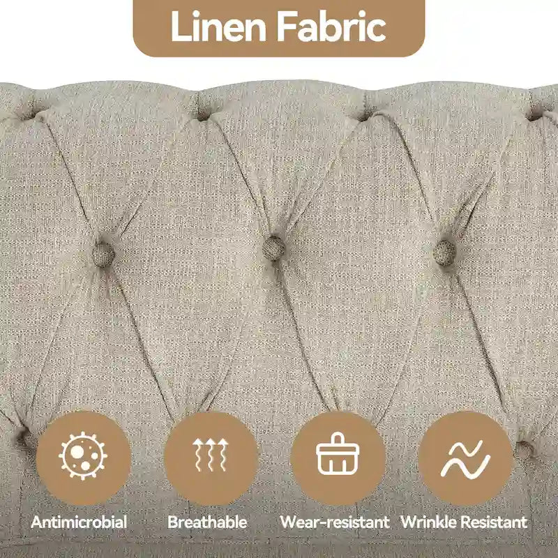 Ensemble Chesterfield Morden Fort 3 pièces avec boutons, comprenant fauteuil, causeuse et canapé, pour salon, lin, pieds en bois massif.