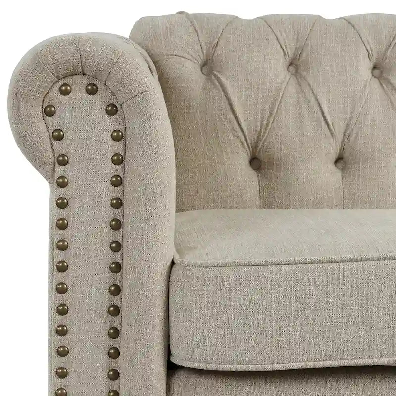 Ensemble Chesterfield Morden Fort 3 pièces avec boutons, comprenant fauteuil, causeuse et canapé, pour salon, lin, pieds en bois massif.