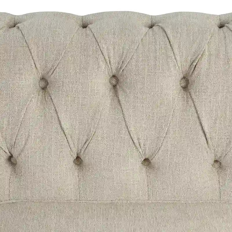 Ensemble Chesterfield Morden Fort 3 pièces avec boutons, comprenant fauteuil, causeuse et canapé, pour salon, lin, pieds en bois massif.
