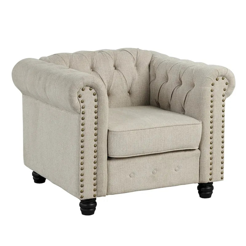 Ensemble Chesterfield Morden Fort 3 pièces avec boutons, comprenant fauteuil, causeuse et canapé, pour salon, lin, pieds en bois massif.