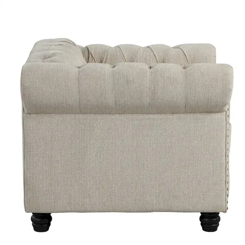 Ensemble Chesterfield Morden Fort 3 pièces avec boutons, comprenant fauteuil, causeuse et canapé, pour salon, lin, pieds en bois massif.