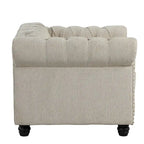 Ensemble Chesterfield Morden Fort 3 pièces avec boutons, comprenant fauteuil, causeuse et canapé, pour salon, lin, pieds en bois massif.