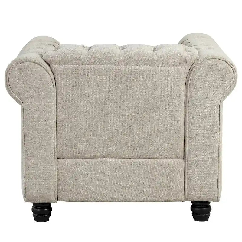 Ensemble Chesterfield Morden Fort 3 pièces avec boutons, comprenant fauteuil, causeuse et canapé, pour salon, lin, pieds en bois massif.