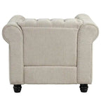 Ensemble Chesterfield Morden Fort 3 pièces avec boutons, comprenant fauteuil, causeuse et canapé, pour salon, lin, pieds en bois massif.
