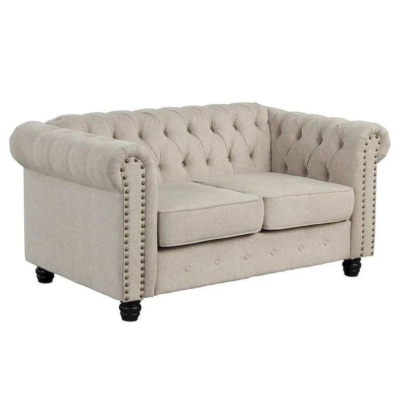 Ensemble Chesterfield Morden Fort 3 pièces avec boutons, comprenant fauteuil, causeuse et canapé, pour salon, lin, pieds en bois massif.