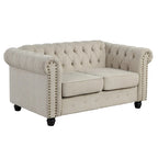 Ensemble Chesterfield Morden Fort 3 pièces avec boutons, comprenant fauteuil, causeuse et canapé, pour salon, lin, pieds en bois massif.