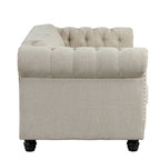 Ensemble Chesterfield Morden Fort 3 pièces avec boutons, comprenant fauteuil, causeuse et canapé, pour salon, lin, pieds en bois massif.