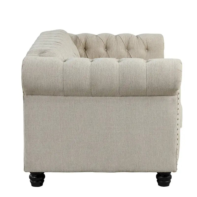 Ensemble Chesterfield Morden Fort 3 pièces avec boutons, comprenant fauteuil, causeuse et canapé, pour salon, lin, pieds en bois massif.
