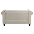 Ensemble Chesterfield Morden Fort 3 pièces avec boutons, comprenant fauteuil, causeuse et canapé, pour salon, lin, pieds en bois massif.