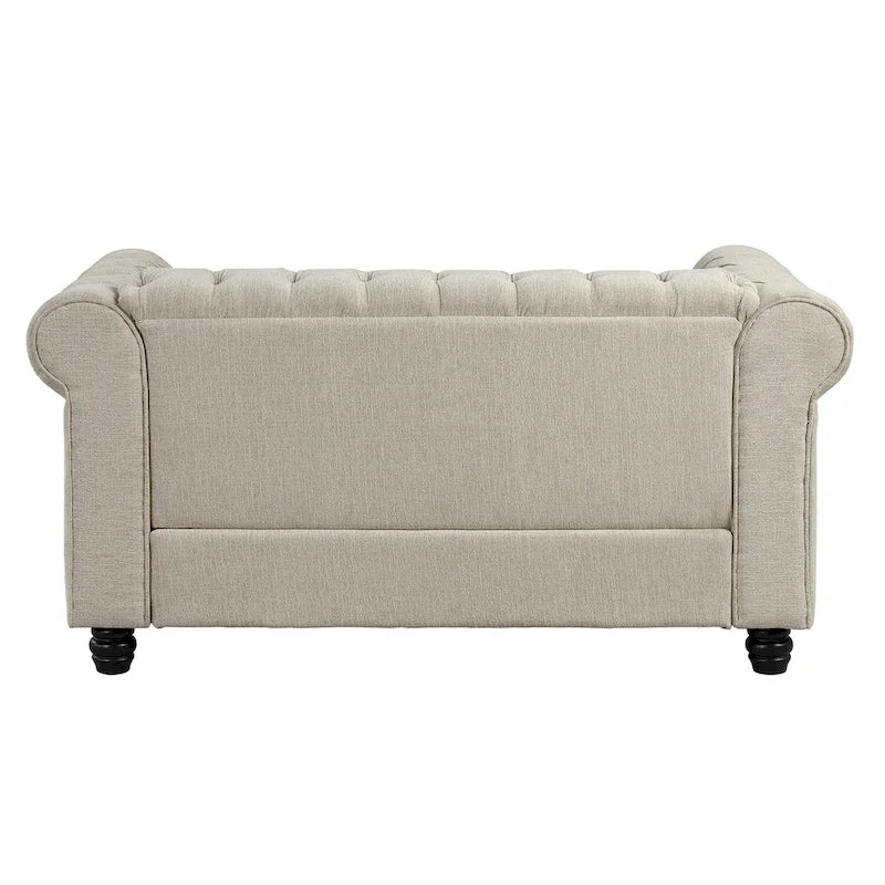 Ensemble Chesterfield Morden Fort 3 pièces avec boutons, comprenant fauteuil, causeuse et canapé, pour salon, lin, pieds en bois massif.