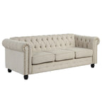 Ensemble Chesterfield Morden Fort 3 pièces avec boutons, comprenant fauteuil, causeuse et canapé, pour salon, lin, pieds en bois massif.