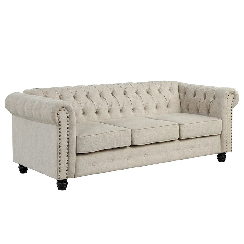 Ensemble Chesterfield Morden Fort 3 pièces avec boutons, comprenant fauteuil, causeuse et canapé, pour salon, lin, pieds en bois massif.