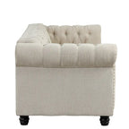 Ensemble Chesterfield Morden Fort 3 pièces avec boutons, comprenant fauteuil, causeuse et canapé, pour salon, lin, pieds en bois massif.