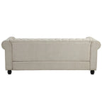 Ensemble Chesterfield Morden Fort 3 pièces avec boutons, comprenant fauteuil, causeuse et canapé, pour salon, lin, pieds en bois massif.