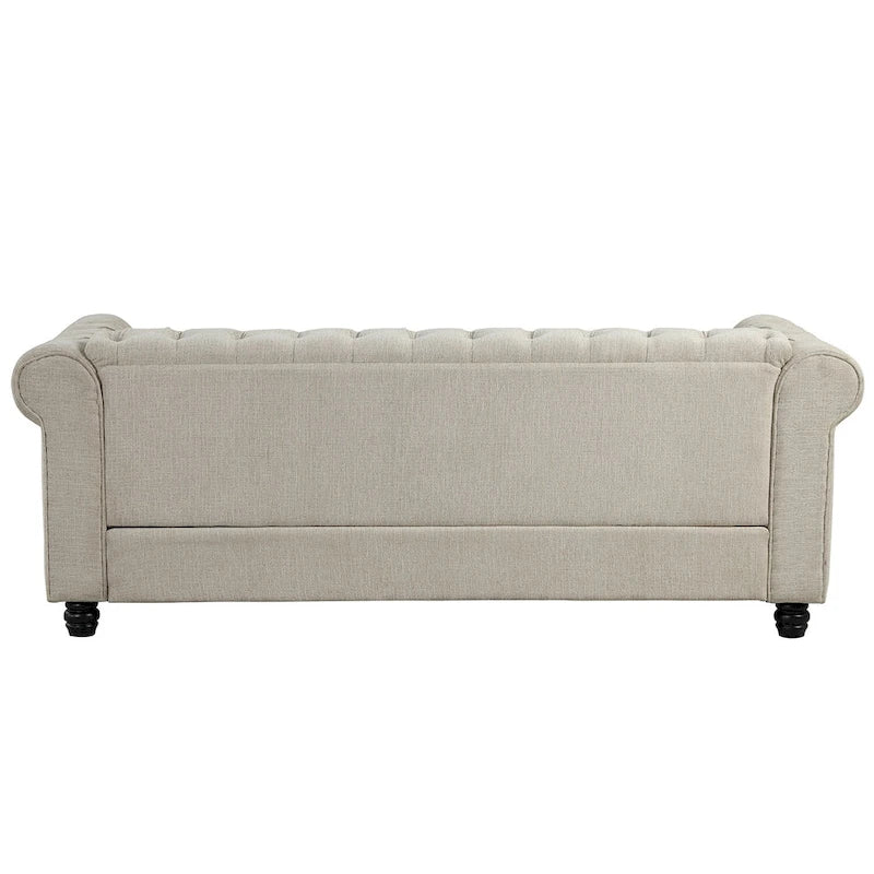 Ensemble Chesterfield Morden Fort 3 pièces avec boutons, comprenant fauteuil, causeuse et canapé, pour salon, lin, pieds en bois massif.