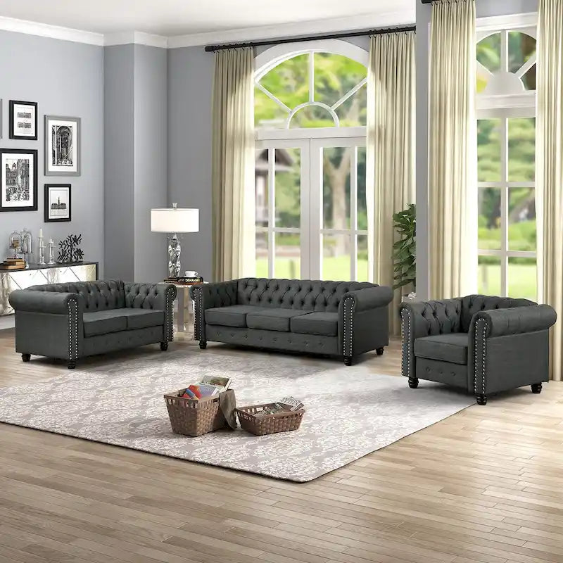 Ensemble Chesterfield Morden Fort 3 pièces avec boutons, comprenant fauteuil, causeuse et canapé, pour salon, lin, pieds en bois massif.