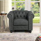 Ensemble Chesterfield Morden Fort 3 pièces avec boutons, comprenant fauteuil, causeuse et canapé, pour salon, lin, pieds en bois massif.