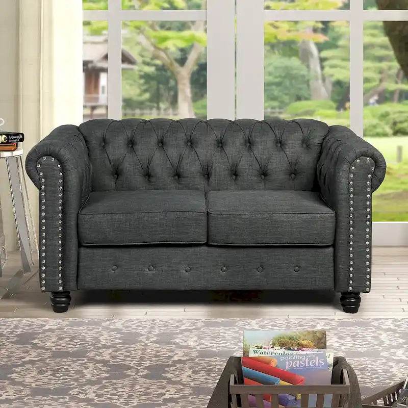 Ensemble Chesterfield Morden Fort 3 pièces avec boutons, comprenant fauteuil, causeuse et canapé, pour salon, lin, pieds en bois massif.