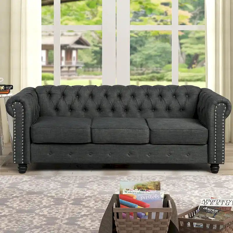 Ensemble Chesterfield Morden Fort 3 pièces avec boutons, comprenant fauteuil, causeuse et canapé, pour salon, lin, pieds en bois massif.