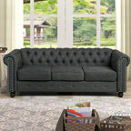 Ensemble Chesterfield Morden Fort 3 pièces avec boutons, comprenant fauteuil, causeuse et canapé, pour salon, lin, pieds en bois massif.