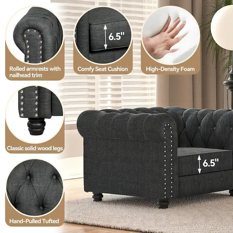 Ensemble Chesterfield Morden Fort 3 pièces avec boutons, comprenant fauteuil, causeuse et canapé, pour salon, lin, pieds en bois massif.