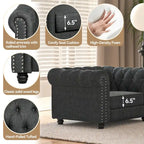 Ensemble Chesterfield Morden Fort 3 pièces avec boutons, comprenant fauteuil, causeuse et canapé, pour salon, lin, pieds en bois massif.