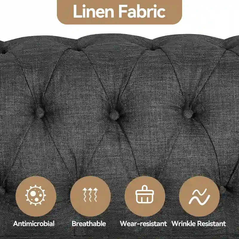 Ensemble Chesterfield Morden Fort 3 pièces avec boutons, comprenant fauteuil, causeuse et canapé, pour salon, lin, pieds en bois massif.
