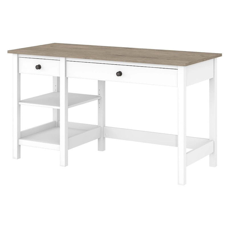 Bureau informatique 54W avec étagères, gris shiplap/blanc pur et noir vintage/pin recyclé, 1 personne