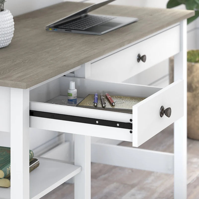 Bureau informatique 54W avec étagères, gris shiplap/blanc pur et noir vintage/pin recyclé, 1 personne