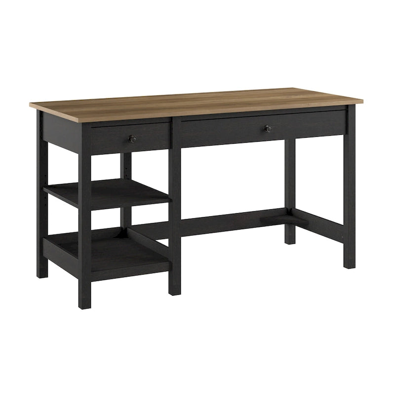 Bureau informatique 54W avec étagères, gris shiplap/blanc pur et noir vintage/pin recyclé, 1 personne