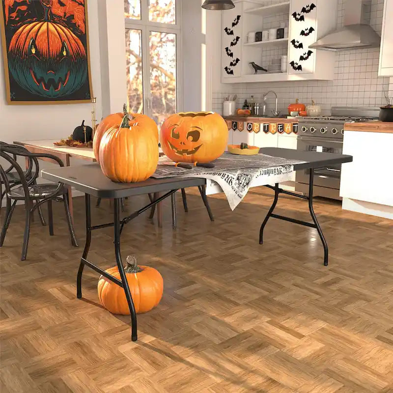 Table pliante en deux de 6 pieds, blanc/noir, 6 places