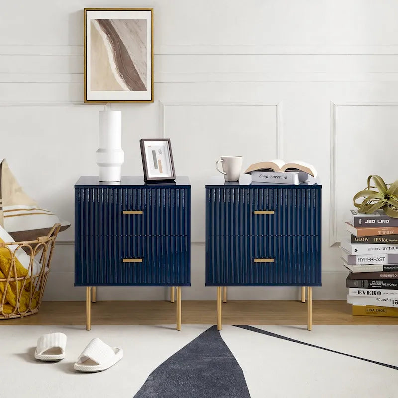 Table de chevet 2 tiroirs Noir / Blanc / Marine avec station de charge, pieds réglables, lot de 2