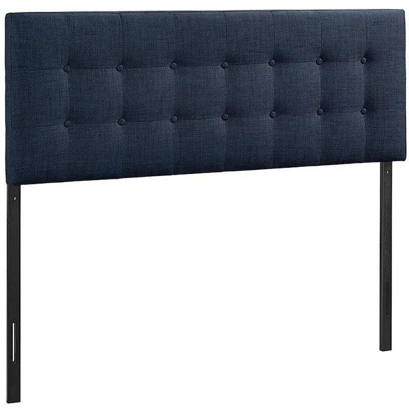 Tête de lit Hixson grand lit, capitonnée de tissu bleu foncé et élégant