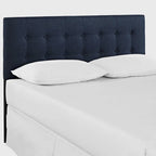 Tête de lit Hixson grand lit, capitonnée de tissu bleu foncé et élégant