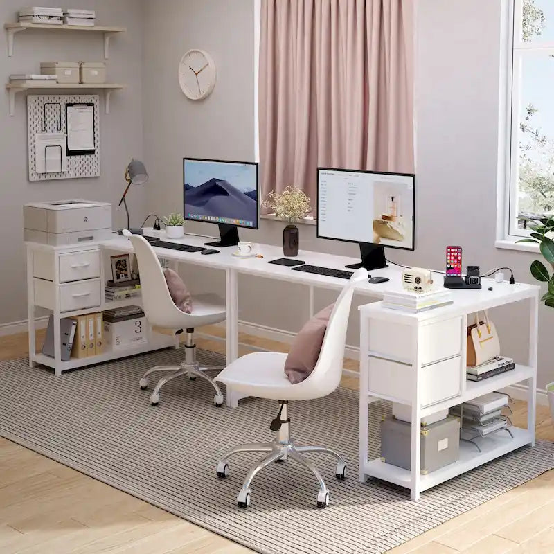 Bureau d'ordinateur en forme de L avec station de charge, bureau d'angle réversible pour PC avec tiroir