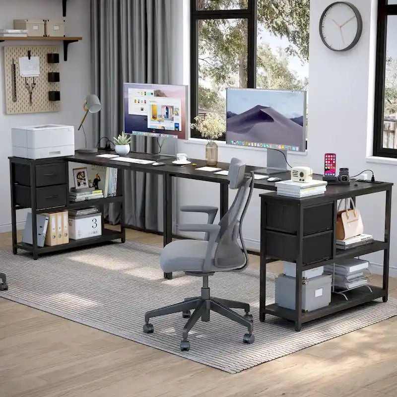 Bureau d'ordinateur en forme de L avec station de charge, bureau d'angle réversible pour PC avec tiroir