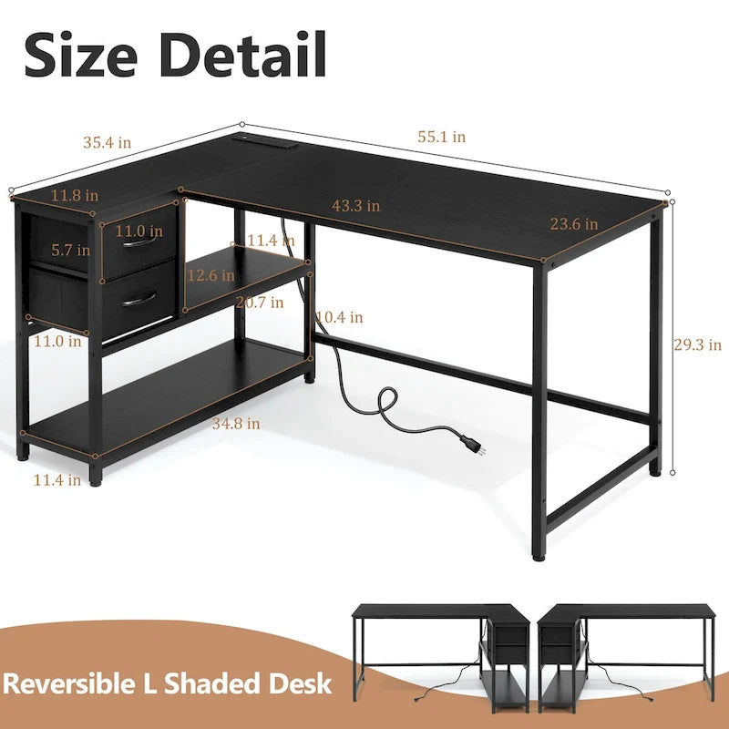 Bureau d'ordinateur en forme de L avec station de charge, bureau d'angle réversible pour PC avec tiroir